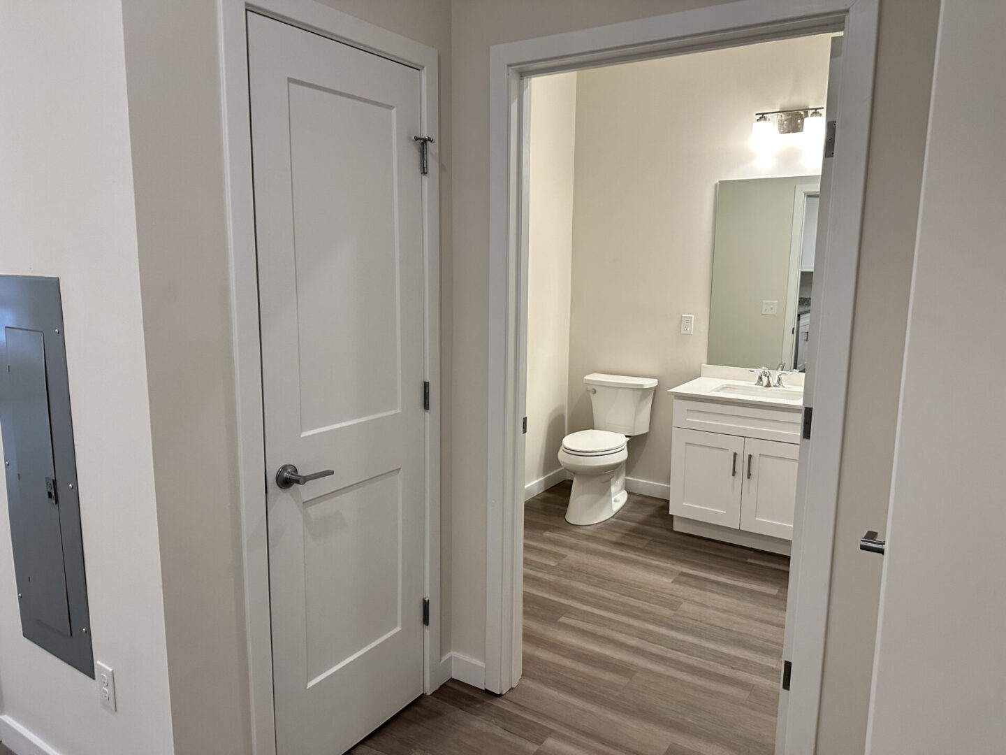 entrance to the bathroom with white toilet and sink counter