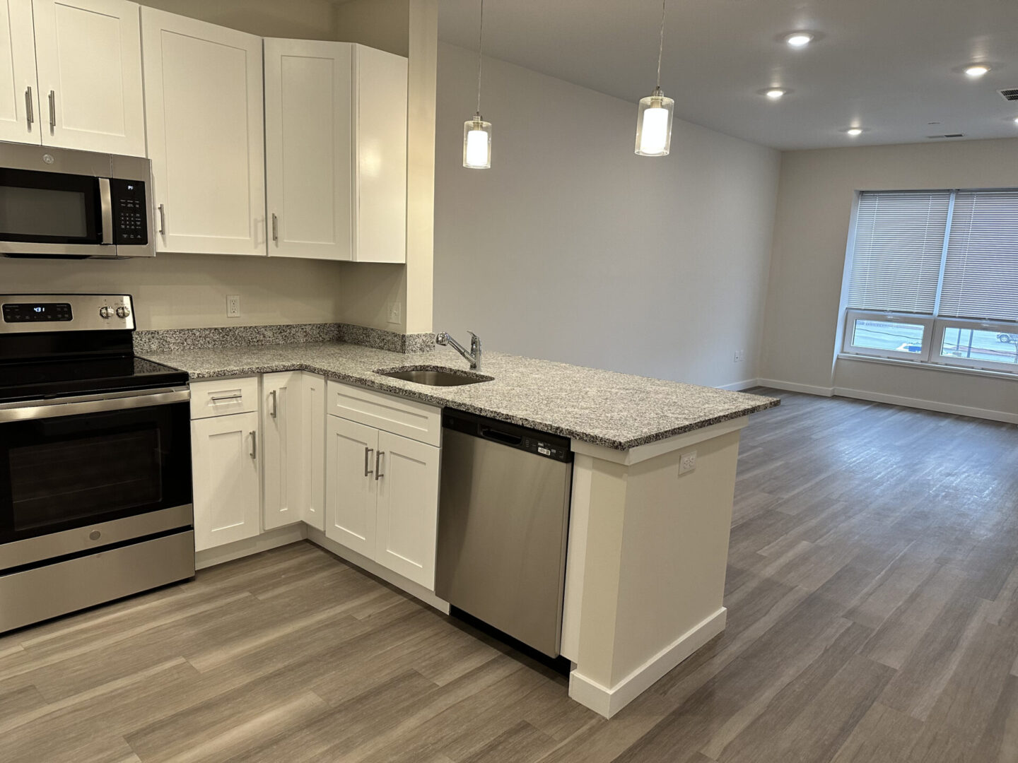 kitchen with the view of the empty living room